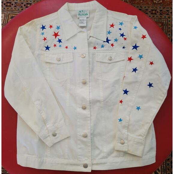 The Quacker Factory Denim Jacket Stars Angel Emroidered Red White Blue Sze S NWT - Picture 2 of 7